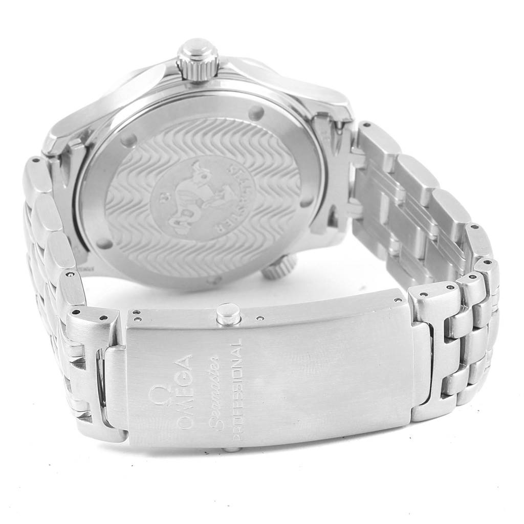 The image shows the back case, crown, and bracelet clasp of an Omega Seamaster 2561.80.00 Men
s Stainless Steel Blue Dial 2561.80.00 Men
s Stainless Steel Blue Dial watch.