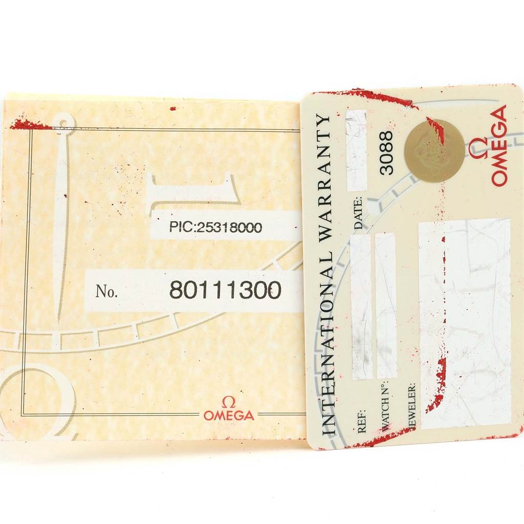 The image shows the international warranty cards for an Omega Seamaster 2531.80.00 Men
s Stainless Steel Blue Dial 2531.80.00 Men
s Stainless Steel Blue Dial watch model.