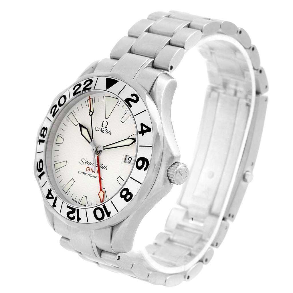 The image shows a front and side view of the Omega Seamaster 2538.20.00 Men's Stainless Steel White Dial 2538.20.00 Men's Stainless Steel White Dial watch, highlighting its bezel, dial, hands, and bracelet.