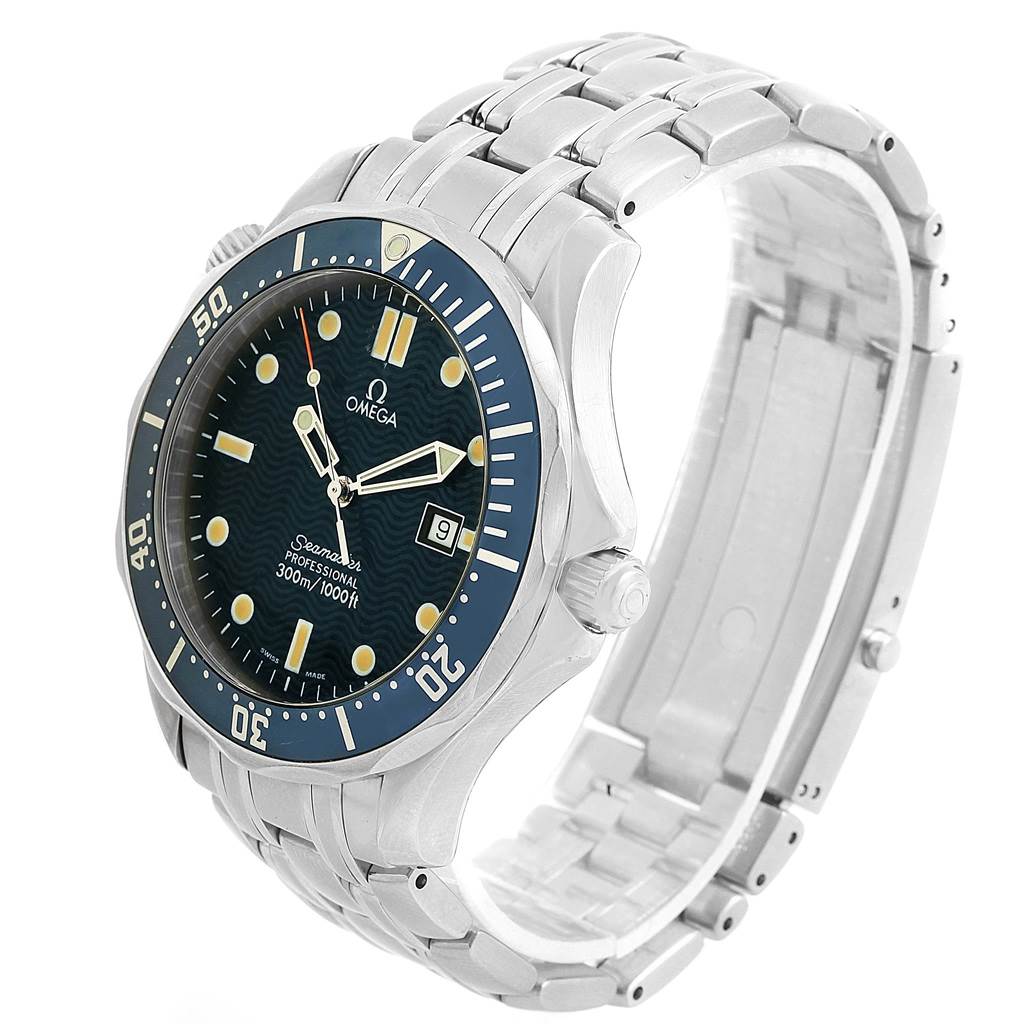 The Omega Seamaster 2541.80.00 Men
s Stainless Steel Blue Dial 2541.80.00 Men
s Stainless Steel Blue Dial watch is displayed at a three-quarter angle, showcasing its dial, bezel, crown, and stainless steel bracelet.