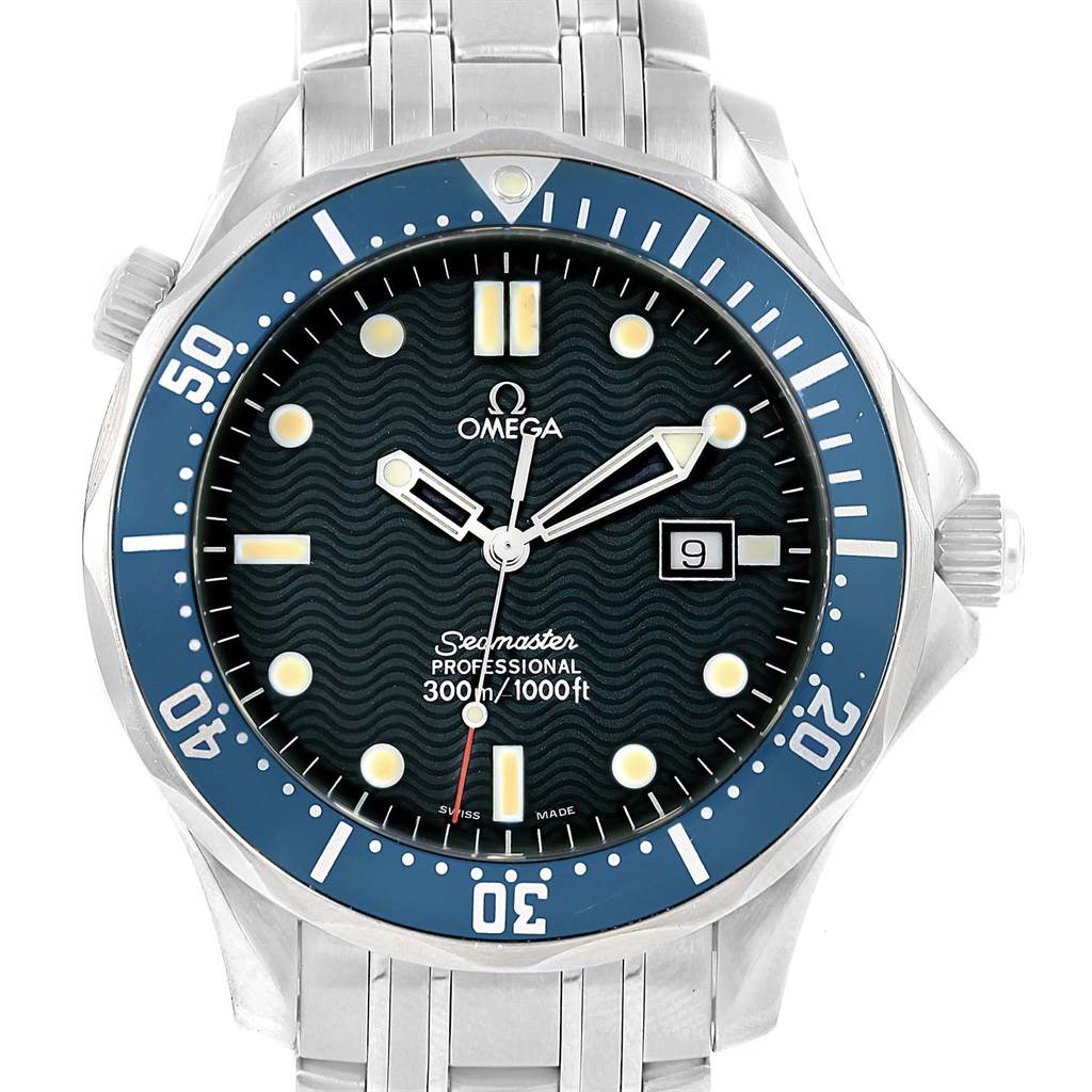The Omega Seamaster 2541.80.00 Men
s Stainless Steel Blue Dial 2541.80.00 Men
s Stainless Steel Blue Dial watch is shown from a front angle, displaying its face, bezel, and part of the metal bracelet.