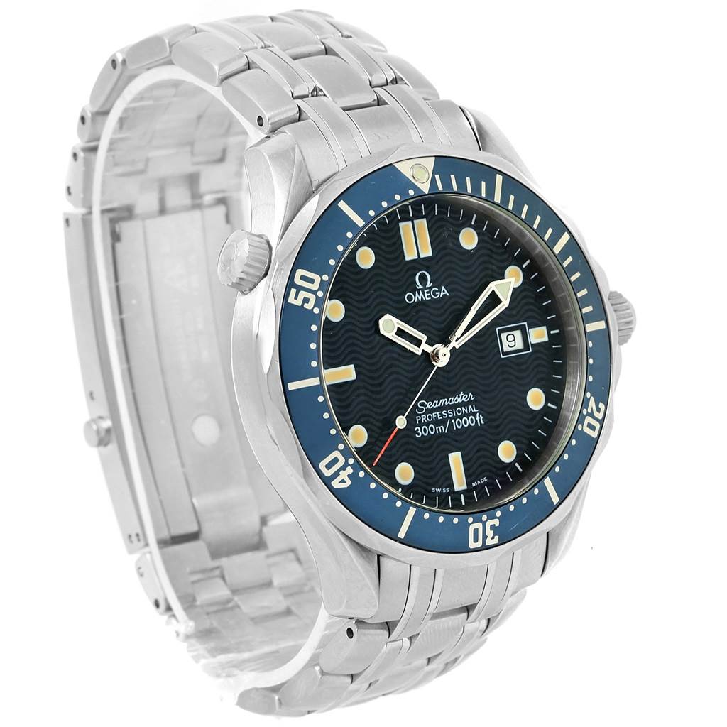 The Omega Seamaster 2541.80.00 Men
s Stainless Steel Blue Dial 2541.80.00 Men
s Stainless Steel Blue Dial watch is shown at a slight angle, displaying the face, bezel, crown, and part of the metal bracelet.