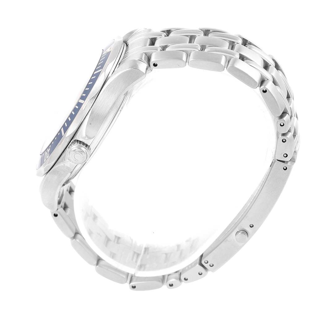 The Omega Seamaster 2541.80.00 Men
s Stainless Steel Blue Dial 2541.80.00 Men
s Stainless Steel Blue Dial watch is shown from the left side, highlighting the bezel, crown, and metal bracelet.