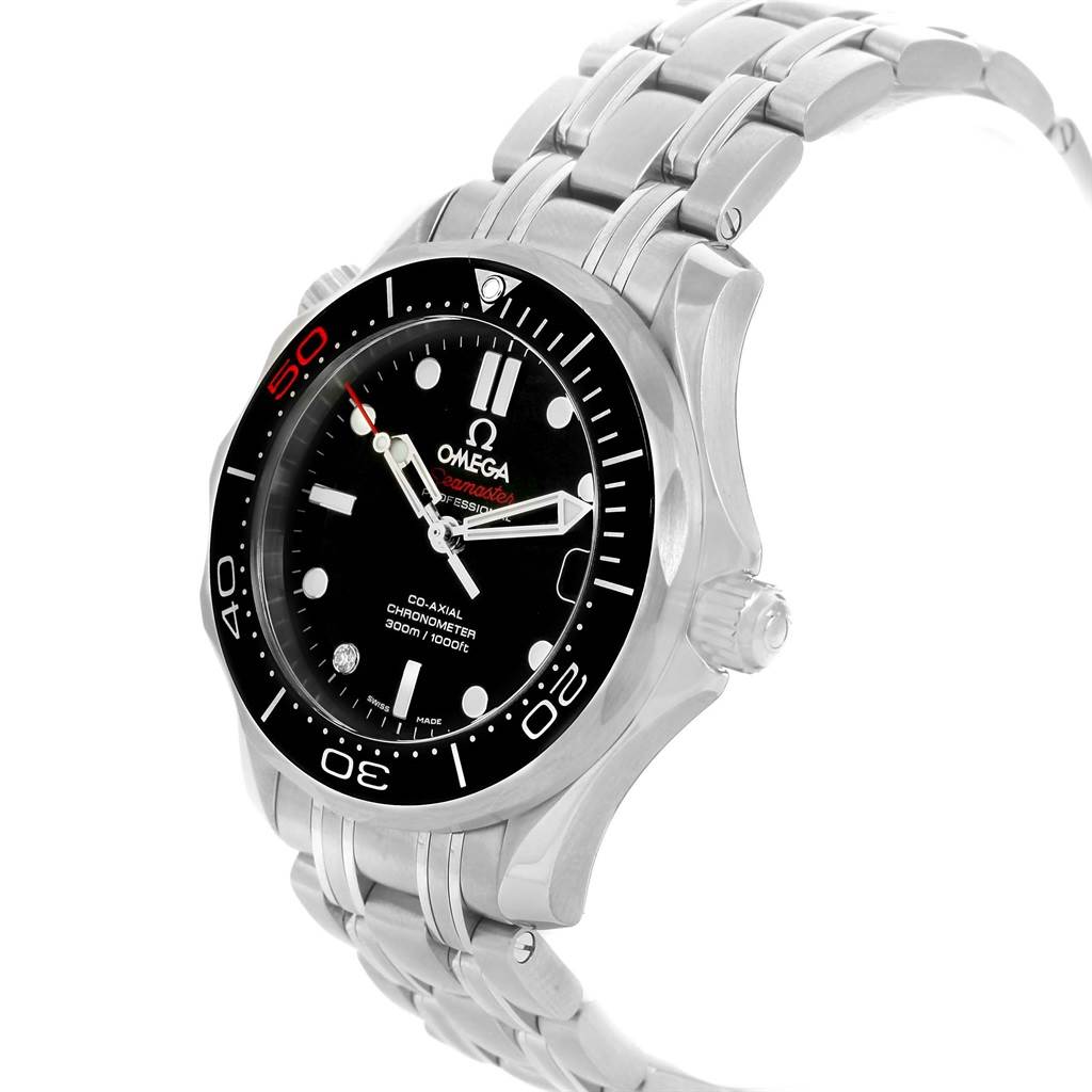 The Omega Seamaster 212.30.36.20.51.001 Men's Stainless Steel Black Dial 212.30.36.20.51.001 Men's Stainless Steel Black Dial watch is shown at a slight angle, highlighting its black dial, bezel, and metal bracelet.