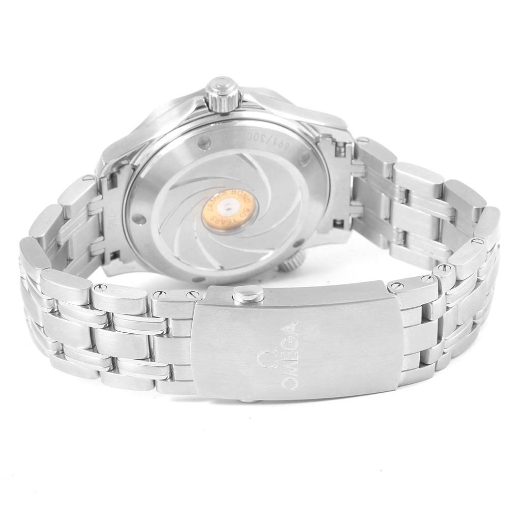 The image shows the back and clasp of an Omega Seamaster 212.30.36.20.51.001 Men's Stainless Steel Black Dial 212.30.36.20.51.001 Men's Stainless Steel Black Dial watch, highlighting its stainless steel bracelet and case back.