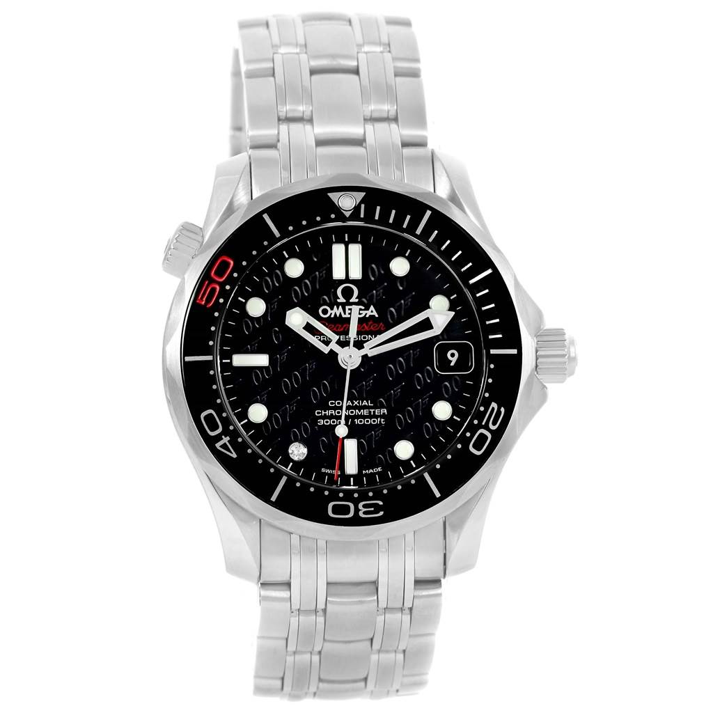 The image shows a front view of an Omega Seamaster 212.30.36.20.51.001 Men's Stainless Steel Black Dial 212.30.36.20.51.001 Men's Stainless Steel Black Dial watch, featuring the dial, bezel, crown, and metal bracelet.