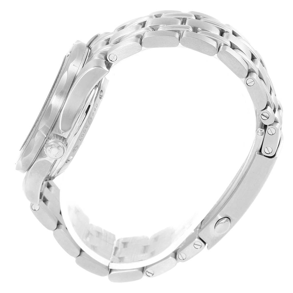 The image shows a side view of the Omega Seamaster 212.30.36.20.51.001 Men's Stainless Steel Black Dial 212.30.36.20.51.001 Men's Stainless Steel Black Dial watch, highlighting its stainless steel bracelet and case profile.