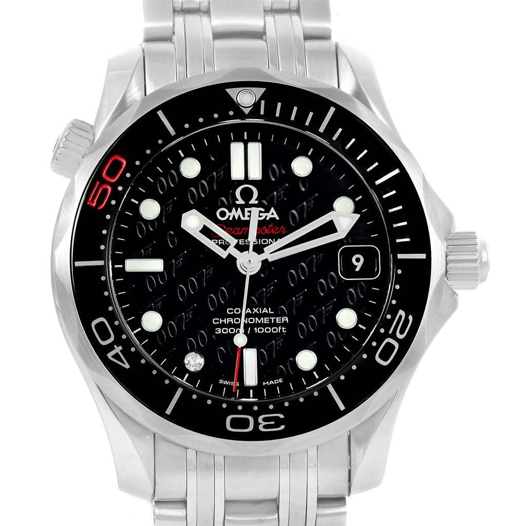The image shows a front view of the Omega Seamaster 212.30.36.20.51.001 Men's Stainless Steel Black Dial 212.30.36.20.51.001 Men's Stainless Steel Black Dial watch, displaying its dial, bezel, and metal bracelet.