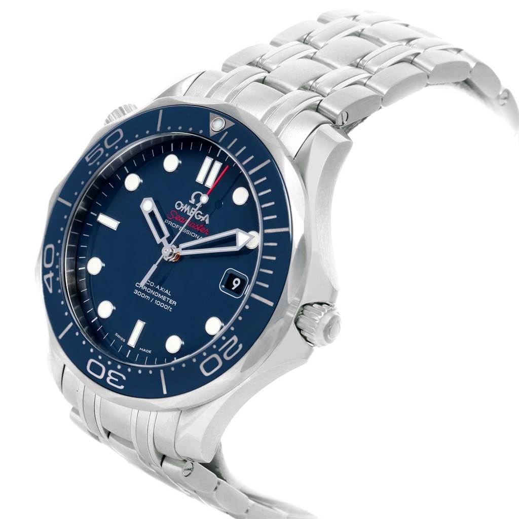 The image shows an Omega Seamaster 212.30.41.20.03.001 Men
s Stainless Steel Blue Dial 212.30.41.20.03.001 Men
s Stainless Steel Blue Dial watch at a slightly tilted angle, revealing the face, bezel, and part of the bracelet.