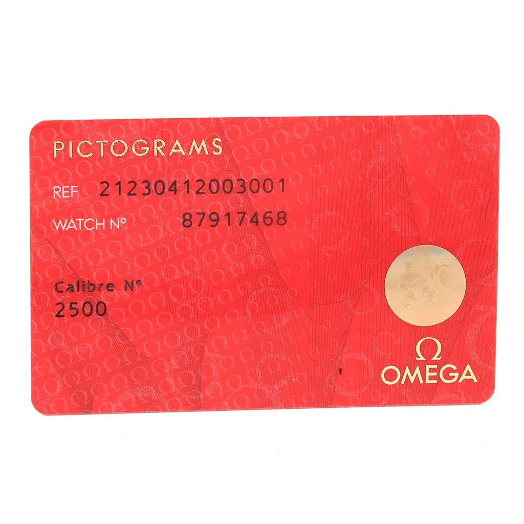 This image shows a red warranty card for an Omega Seamaster 212.30.41.20.03.001 Men
s Stainless Steel Blue Dial 212.30.41.20.03.001 Men
s Stainless Steel Blue Dial watch, displaying reference and watch numbers, caliber, and the Omega logo.