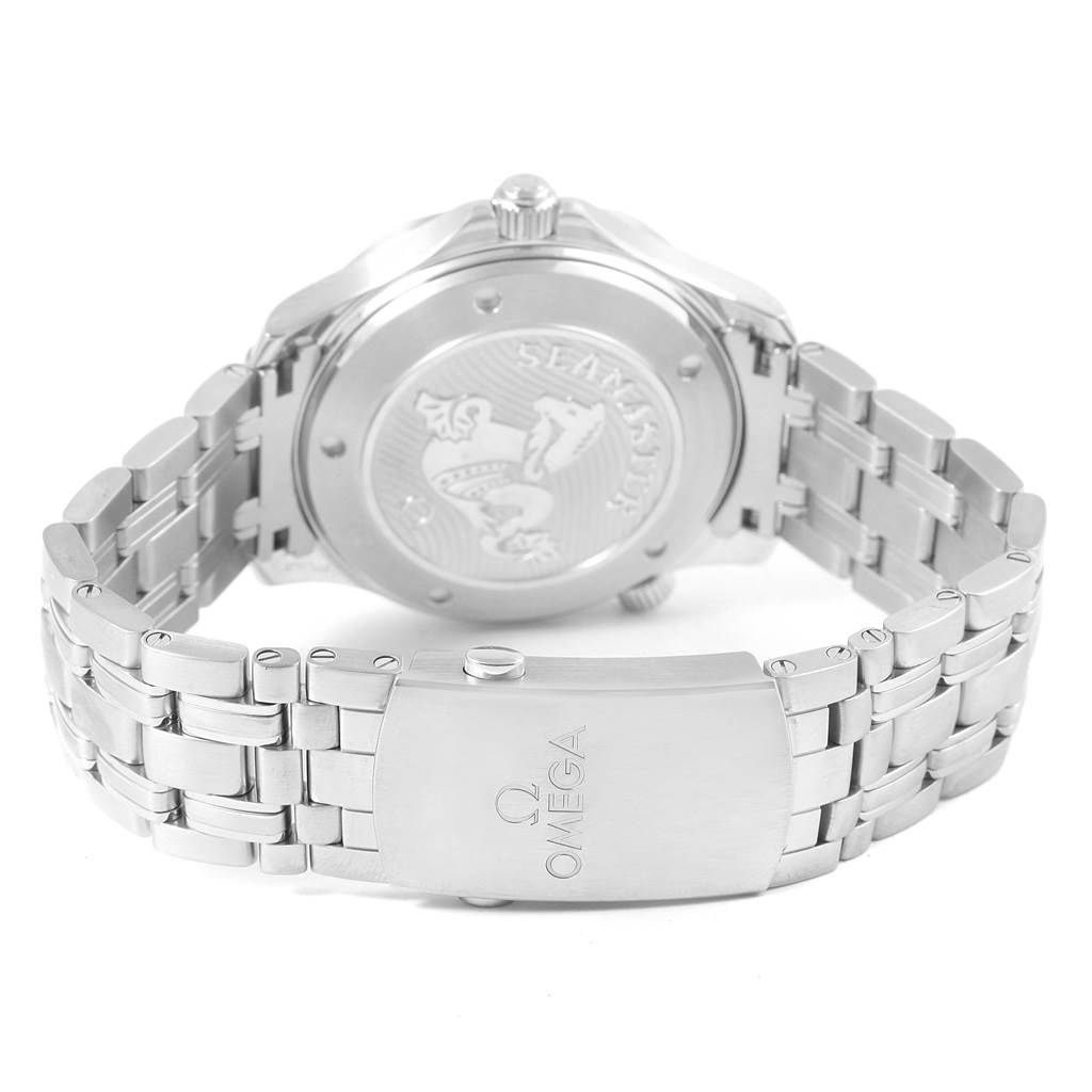 This image shows the back case and bracelet of an Omega Seamaster 212.30.41.20.03.001 Men
s Stainless Steel Blue Dial 212.30.41.20.03.001 Men
s Stainless Steel Blue Dial watch, highlighting the clasp and engraved case back.