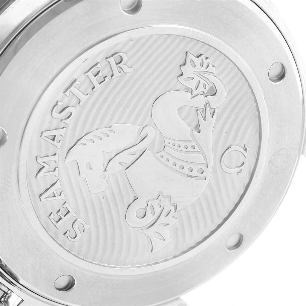 This image shows the case back of an Omega Seamaster 212.30.41.20.03.001 Men
s Stainless Steel Blue Dial 212.30.41.20.03.001 Men
s Stainless Steel Blue Dial watch, showcasing the embossed Seamaster logo.