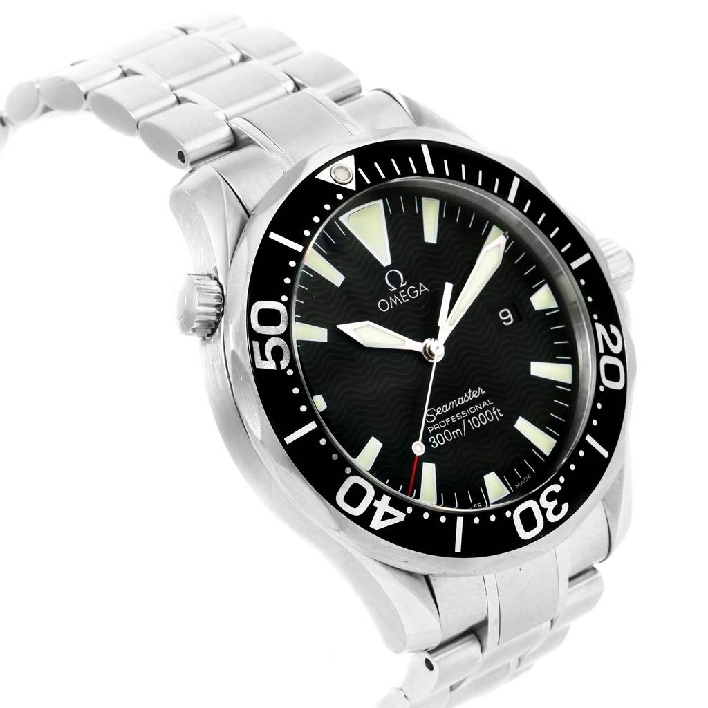 This image shows an angled view of the Omega Seamaster 2264.50.00 Men
s Stainless Steel Black Dial 2264.50.00 Men
s Stainless Steel Black Dial watch, highlighting the face, bezel, crown, and part of the bracelet.