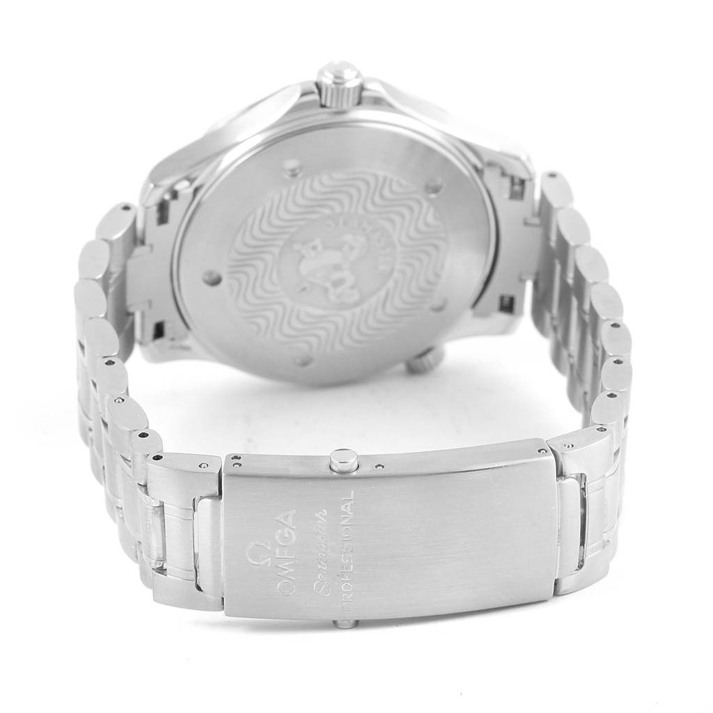 The image shows the backside and clasp of an Omega Seamaster 2264.50.00 Men
s Stainless Steel Black Dial 2264.50.00 Men
s Stainless Steel Black Dial watch, highlighting the engraved case back and stainless steel bracelet.