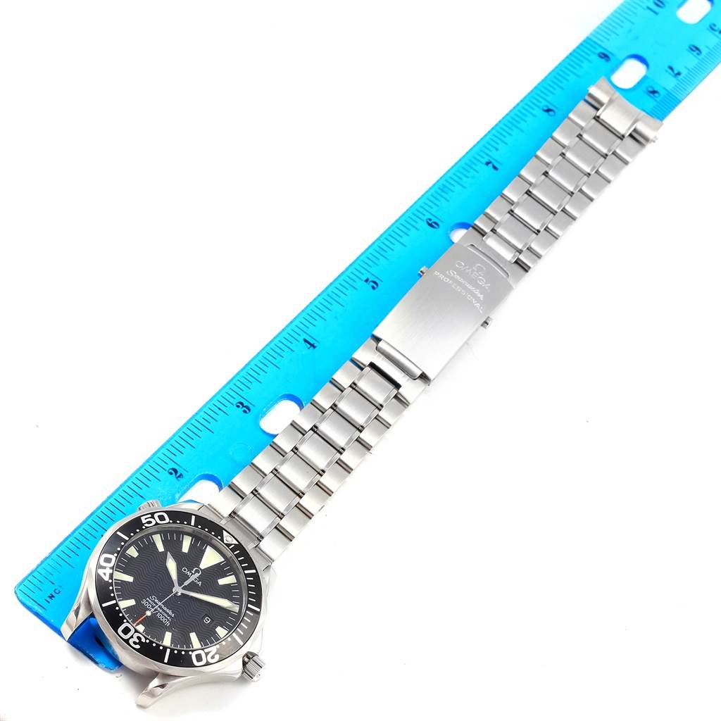 The Omega Seamaster 2264.50.00 Men
s Stainless Steel Black Dial 2264.50.00 Men
s Stainless Steel Black Dial watch is shown from an overhead angle, displaying the entire watch including the face, bezel, and metal bracelet.