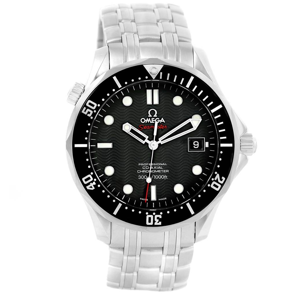 The image shows a frontal view of the Omega Seamaster 212.30.41.20.01.002 Men
s Stainless Steel Black Dial 212.30.41.20.01.002 Men
s Stainless Steel Black Dial watch, displaying the dial, bezel, crown, and bracelet.