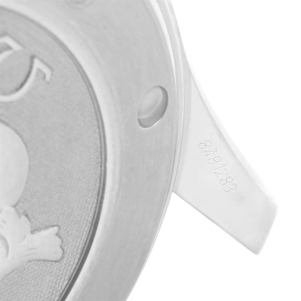 This close-up image features the case back and a portion of the strap attachment of the Omega Seamaster 212.30.41.20.01.002 Men
s Stainless Steel Black Dial 212.30.41.20.01.002 Men
s Stainless Steel Black Dial watch, highlighting detail and the serial number.