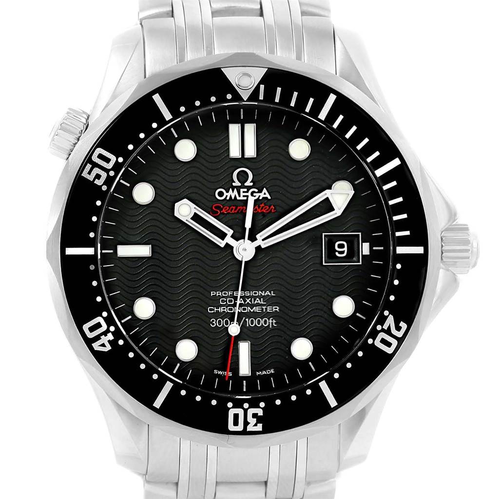The image shows a front view of the Omega Seamaster 212.30.41.20.01.002 Men
s Stainless Steel Black Dial 212.30.41.20.01.002 Men
s Stainless Steel Black Dial watch, displaying the bezel, dial, hands, and part of the metal bracelet.