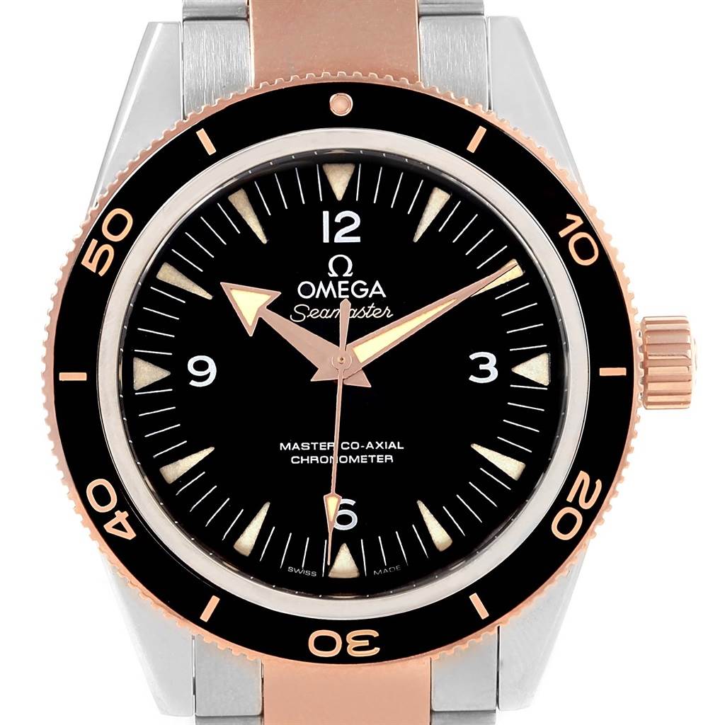 The image shows a front view of an Omega Seamaster 233.20.41.21.01.001 Men's Steel and Gold (two tone) Black Dial 233.20.41.21.01.001 Men's Steel and Gold (two tone) Black Dial watch, displaying the face, bezel, and part of the strap.