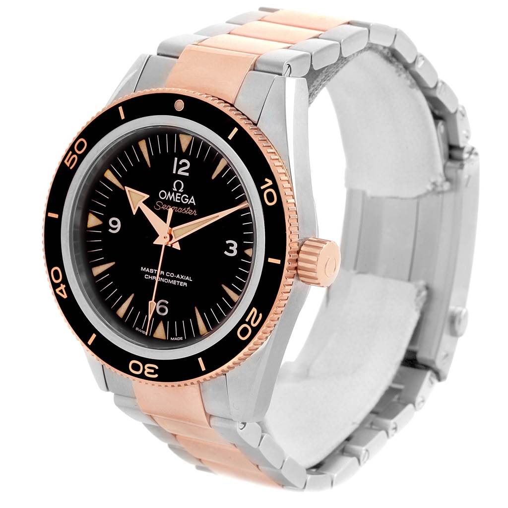 This image shows an Omega Seamaster 233.20.41.21.01.001 Men's Steel and Gold (two tone) Black Dial 233.20.41.21.01.001 Men's Steel and Gold (two tone) Black Dial watch at a side angle, highlighting its dial, bezel, crown, and two-tone bracelet strap.