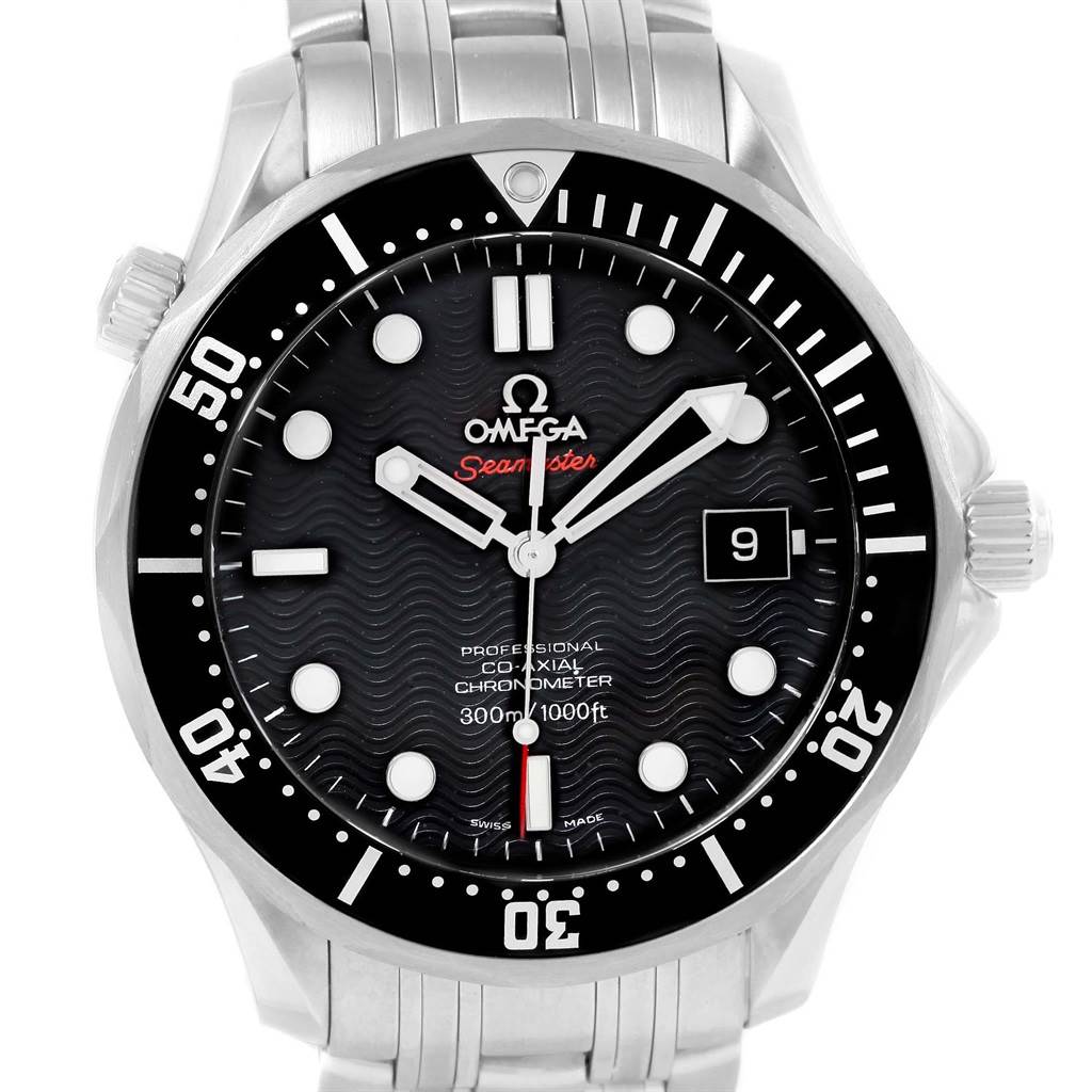 The Omega Seamaster 212.30.41.20.01.002 Men's Stainless Steel Black Dial 212.30.41.20.01.002 Men's Stainless Steel Black Dial watch is shown from a front angle, displaying the face, bezel, crown, and part of the bracelet.