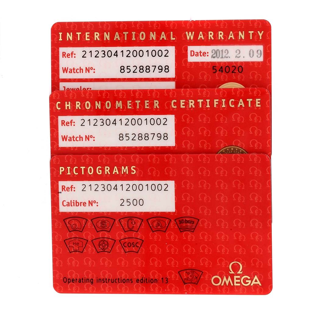 This image shows the International Warranty, Chronometer Certificate, and Pictograms cards for an Omega Seamaster 212.30.41.20.01.002 Men's Stainless Steel Black Dial 212.30.41.20.01.002 Men's Stainless Steel Black Dial model watch.