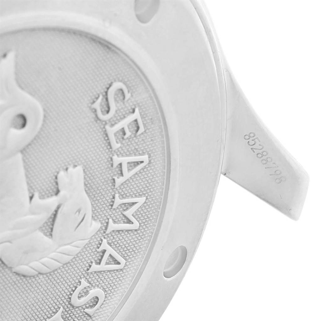 This close-up image shows the back case with the Seamaster engraving and serial number of the Omega Seamaster 212.30.41.20.01.002 Men's Stainless Steel Black Dial 212.30.41.20.01.002 Men's Stainless Steel Black Dial watch.