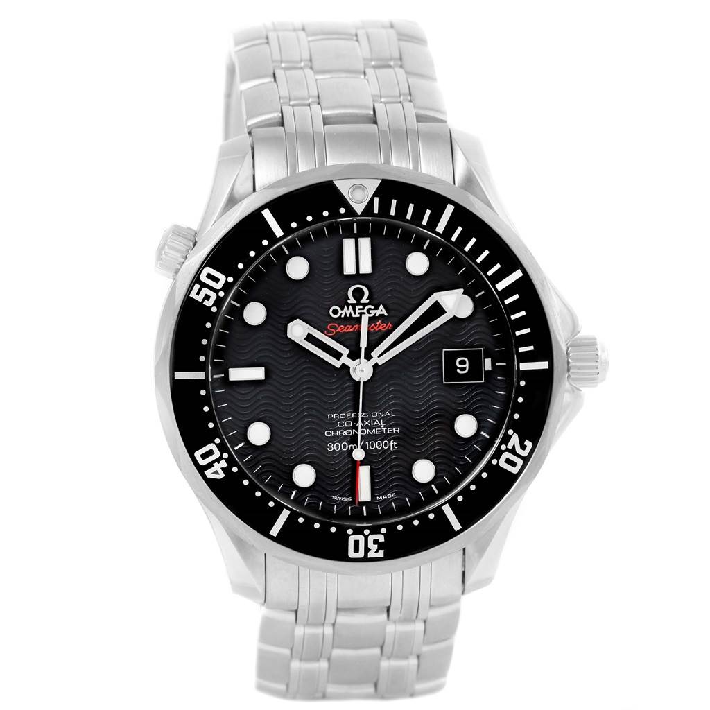 This Omega Seamaster 212.30.41.20.01.002 Men's Stainless Steel Black Dial 212.30.41.20.01.002 Men's Stainless Steel Black Dial watch is shown from the front, highlighting the dial, bezel, bracelet, and crown.
