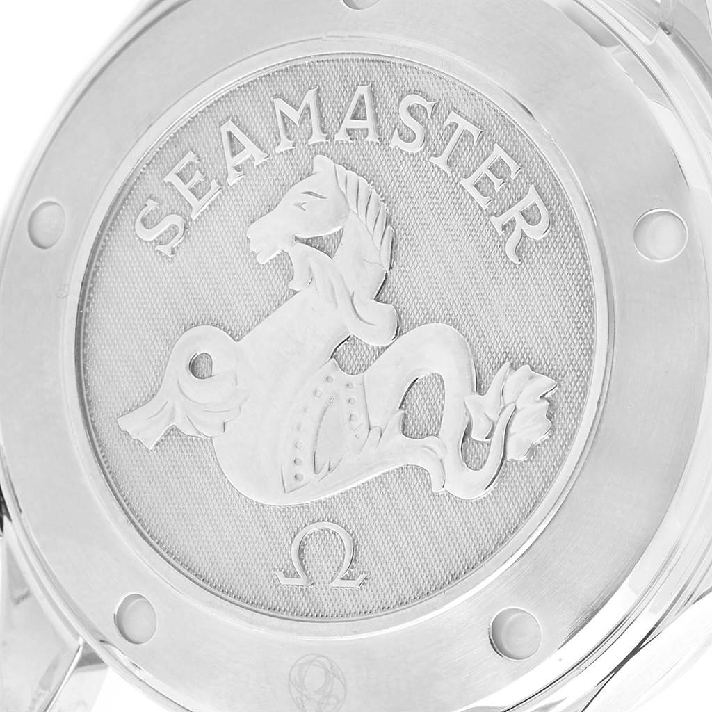 This image shows the engraved case back of an Omega Seamaster 212.30.41.20.01.002 Men's Stainless Steel Black Dial 212.30.41.20.01.002 Men's Stainless Steel Black Dial watch, prominently featuring the brand's logo and "Seamaster" text.