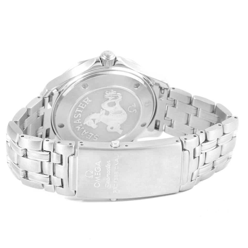 The image shows the back case, crown, and metal bracelet of the Omega Seamaster 212.30.41.20.01.002 Men's Stainless Steel Black Dial 212.30.41.20.01.002 Men's Stainless Steel Black Dial watch, including clasp details.