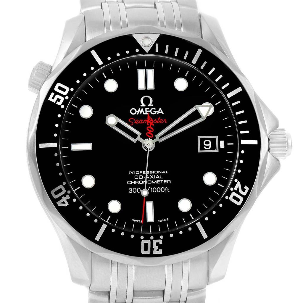 The image shows a front view of the Omega Seamaster 212.30.41.20.01.001 Men's Stainless Steel Black Dial 212.30.41.20.01.001 Men's Stainless Steel Black Dial watch, highlighting the dial, bezel, hands, and date window.