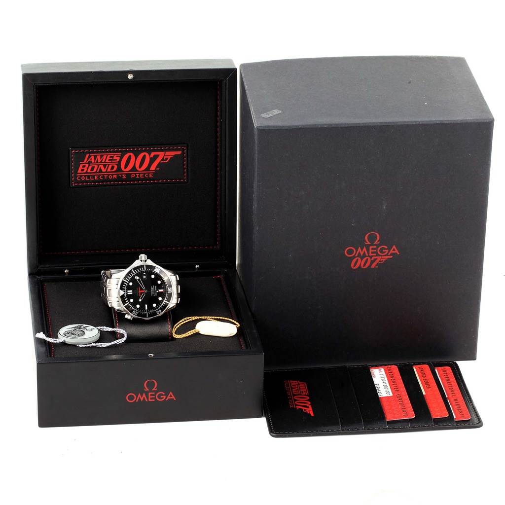 The image shows an Omega Seamaster 212.30.41.20.01.001 Men's Stainless Steel Black Dial 212.30.41.20.01.001 Men's Stainless Steel Black Dial watch with its box, manuals, and accessory tags.