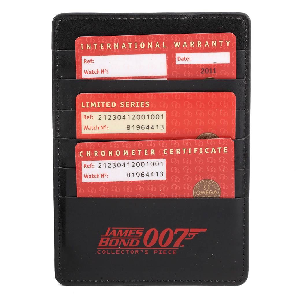 This image shows warranty and certificate cards for the Omega Seamaster 212.30.41.20.01.001 Men's Stainless Steel Black Dial 212.30.41.20.01.001 Men's Stainless Steel Black Dial watch, in a James Bond-themed cardholder.