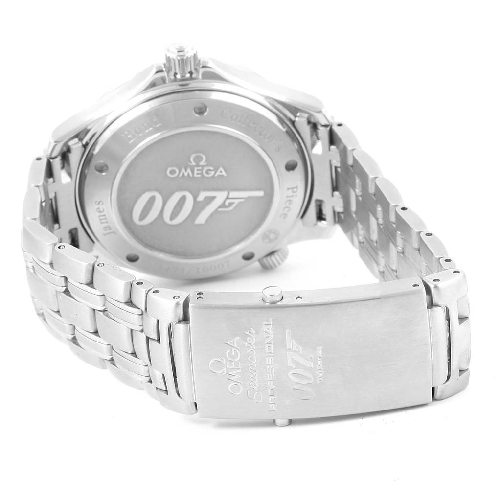 The image shows the back and clasp of an Omega Seamaster 212.30.41.20.01.001 Men's Stainless Steel Black Dial 212.30.41.20.01.001 Men's Stainless Steel Black Dial watch, highlighting the 007 James Bond branding.