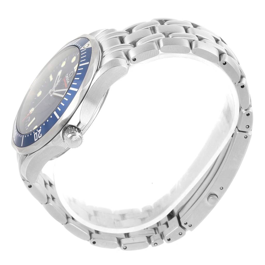 The image shows a side view of the Omega Seamaster 2226.80.00 Men's Stainless Steel Blue Dial 2226.80.00 Men's Stainless Steel Blue Dial watch, highlighting the casing, bezel, crown, and bracelet.
