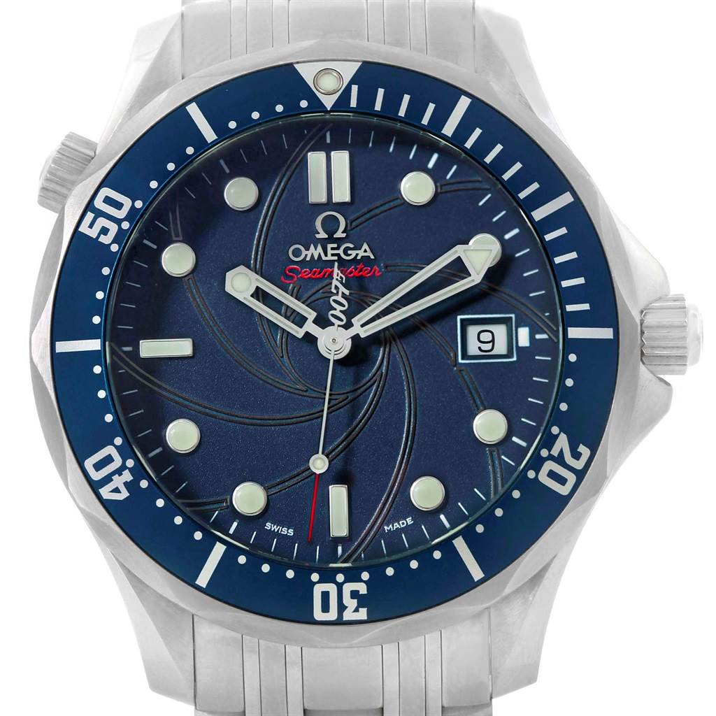 The Omega Seamaster 2226.80.00 Men's Stainless Steel Blue Dial 2226.80.00 Men's Stainless Steel Blue Dial watch is shown from a front angle, displaying the dial, bezel, hands, and part of the bracelet.