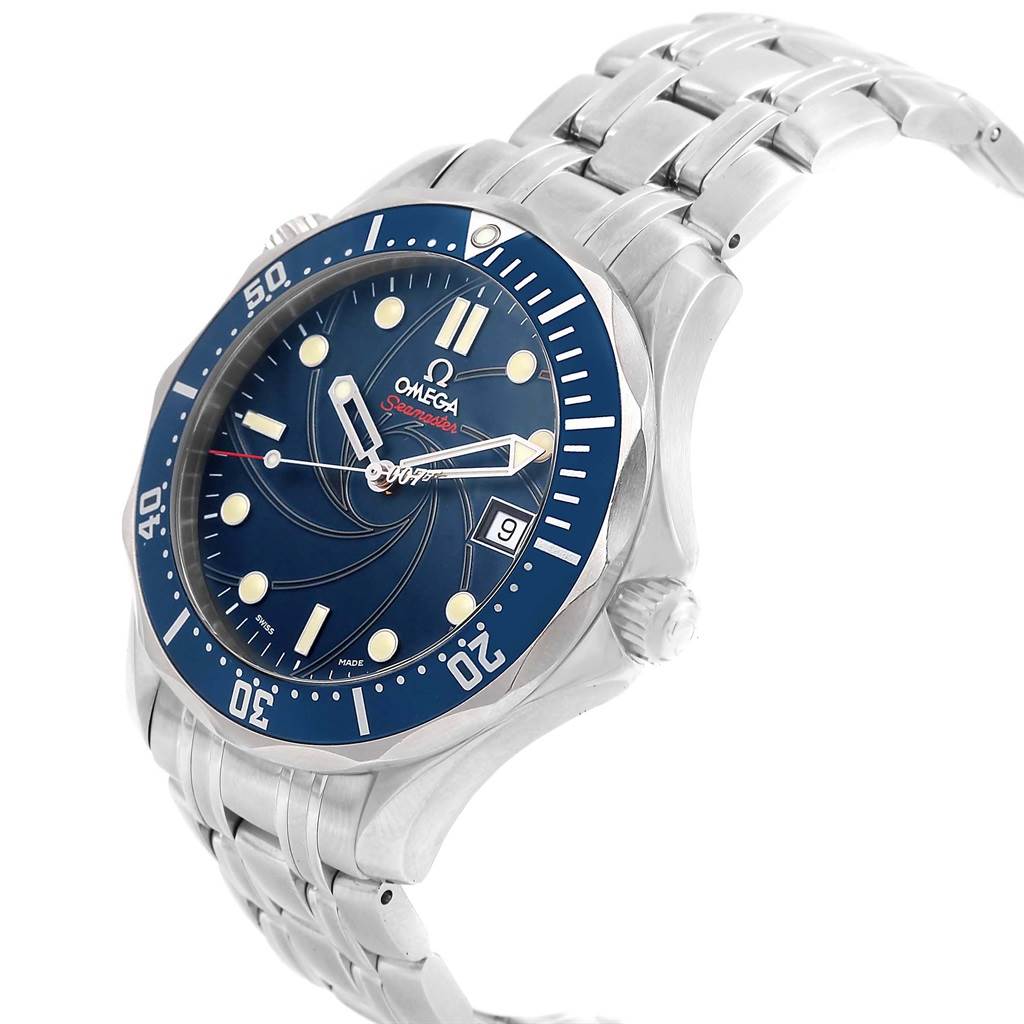 The Omega Seamaster 2226.80.00 Men's Stainless Steel Blue Dial 2226.80.00 Men's Stainless Steel Blue Dial watch is shown at a three-quarter angle, highlighting the face, bezel, and part of the metal bracelet.