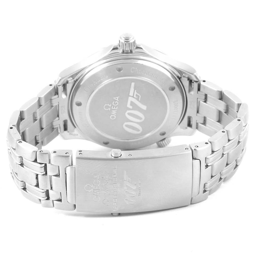 The image shows the back case and clasp of the Omega Seamaster 2226.80.00 Men's Stainless Steel Blue Dial 2226.80.00 Men's Stainless Steel Blue Dial watch, featuring a "007" design.