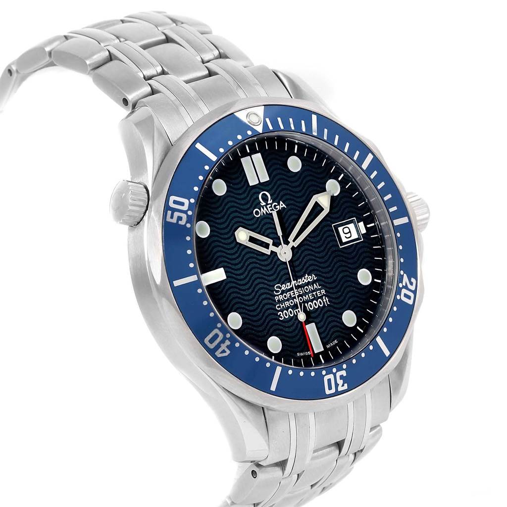 The Omega Seamaster 2531.80.00 Men
s Stainless Steel Blue Dial 2531.80.00 Men
s Stainless Steel Blue Dial watch is shown from a front-left angle, highlighting the dial, bezel, crown, and metal bracelet.