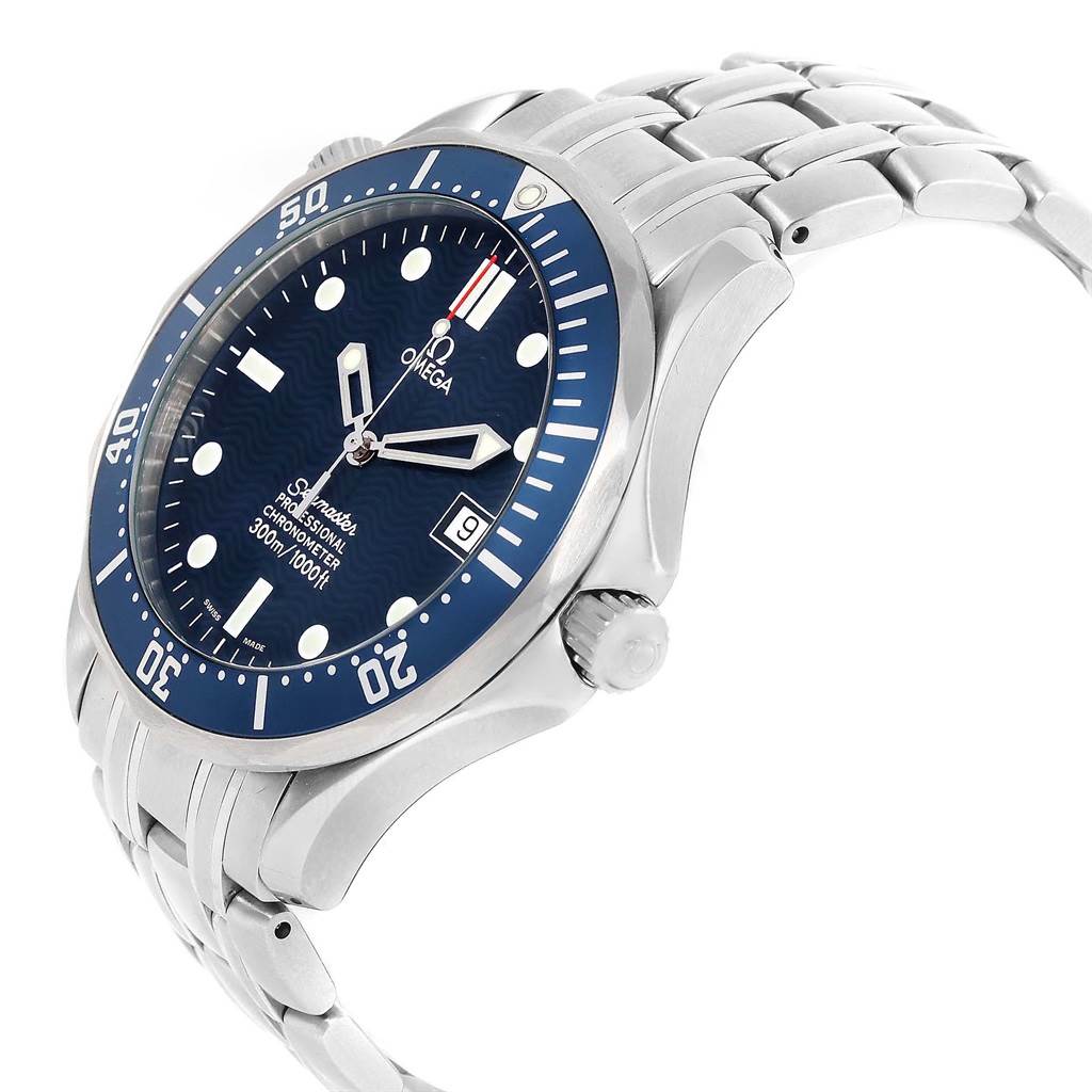 The Omega Seamaster 2531.80.00 Men
s Stainless Steel Blue Dial 2531.80.00 Men
s Stainless Steel Blue Dial watch is shown at an angle highlighting the face, bezel, crown, and part of the bracelet.