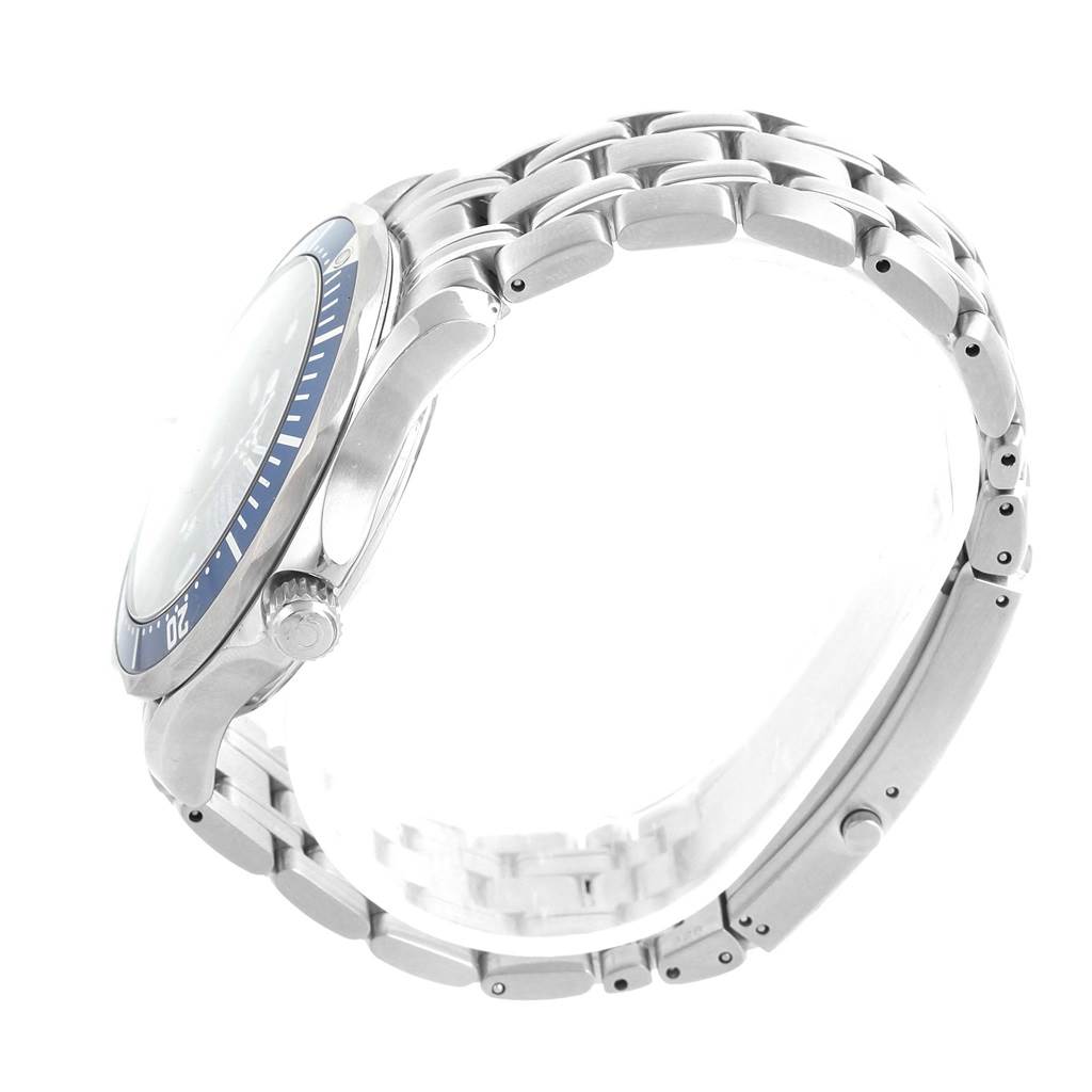 The image shows a side view of an Omega Seamaster 2531.80.00 Men
s Stainless Steel Blue Dial 2531.80.00 Men
s Stainless Steel Blue Dial watch, highlighting its bezel, crown, and metal bracelet.
