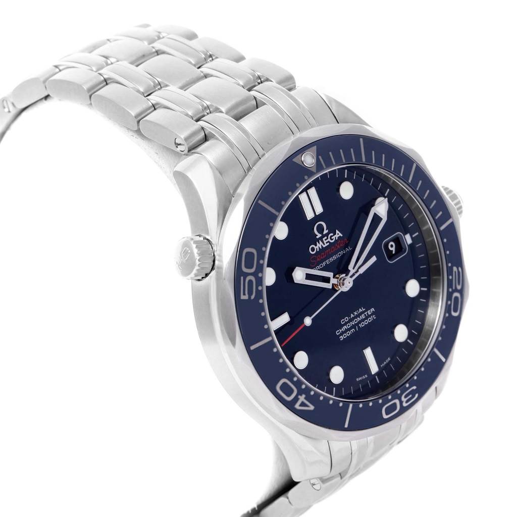 The image shows a front-side angle of an Omega Seamaster 212.30.41.20.03.001 Men
s Stainless Steel Blue Dial 212.30.41.20.03.001 Men
s Stainless Steel Blue Dial watch, focusing on the face, bezel, crown, and metal bracelet.