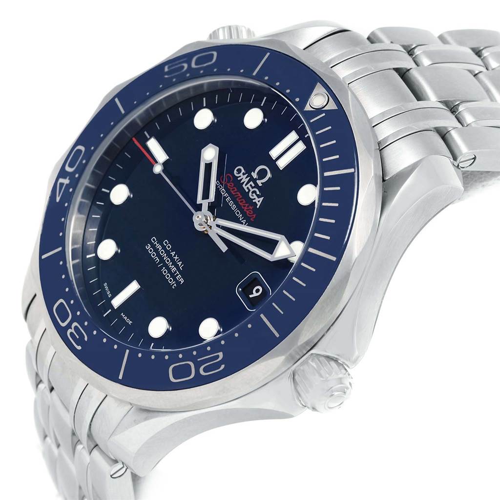 The Omega Seamaster 212.30.41.20.03.001 Men
s Stainless Steel Blue Dial 212.30.41.20.03.001 Men
s Stainless Steel Blue Dial watch is shown at an angle highlighting its face, bezel, crown, and bracelet.