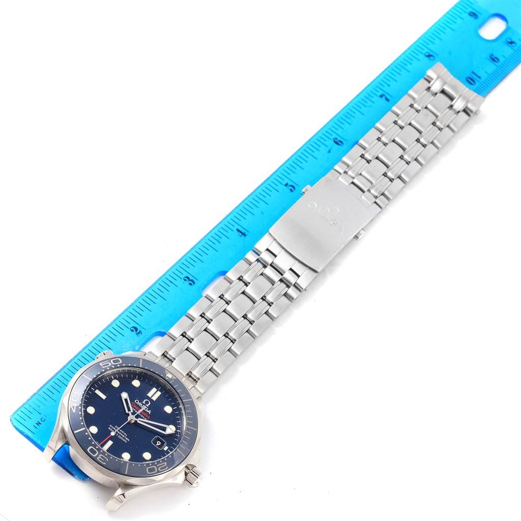 The Omega Seamaster 212.30.41.20.03.001 Men
s Stainless Steel Blue Dial 212.30.41.20.03.001 Men
s Stainless Steel Blue Dial watch is shown from an overhead angle, including its face, bezel, and full metal bracelet with clasp.