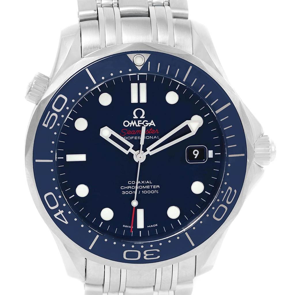 The image shows a front view of the Omega Seamaster 212.30.41.20.03.001 Men
s Stainless Steel Blue Dial 212.30.41.20.03.001 Men
s Stainless Steel Blue Dial watch, highlighting its face, bezel, and part of the metal bracelet.