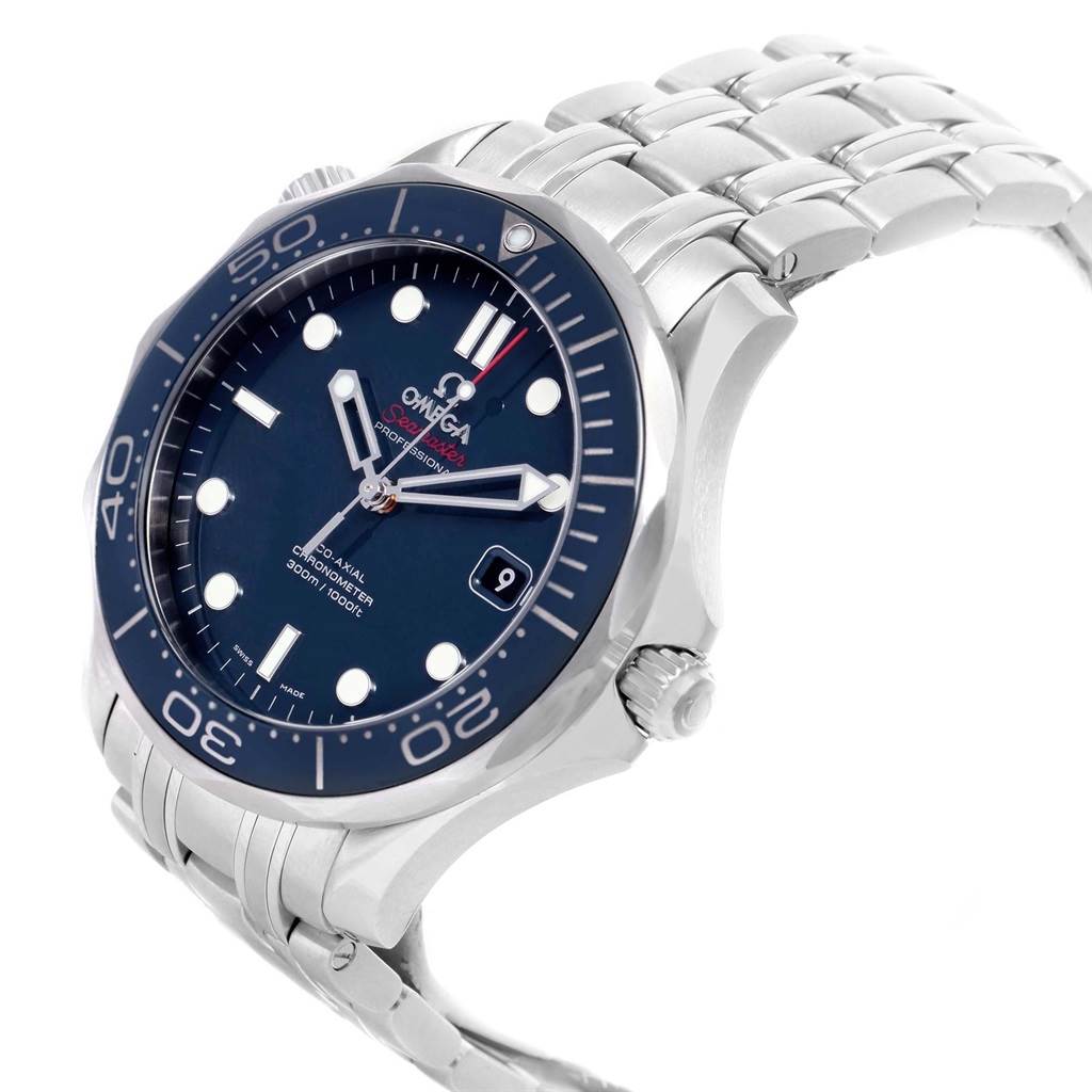 The Omega Seamaster 212.30.41.20.03.001 Men
s Stainless Steel Blue Dial 212.30.41.20.03.001 Men
s Stainless Steel Blue Dial watch is shown at a tilted angle, highlighting the bezel, dial, crown, and metal bracelet.