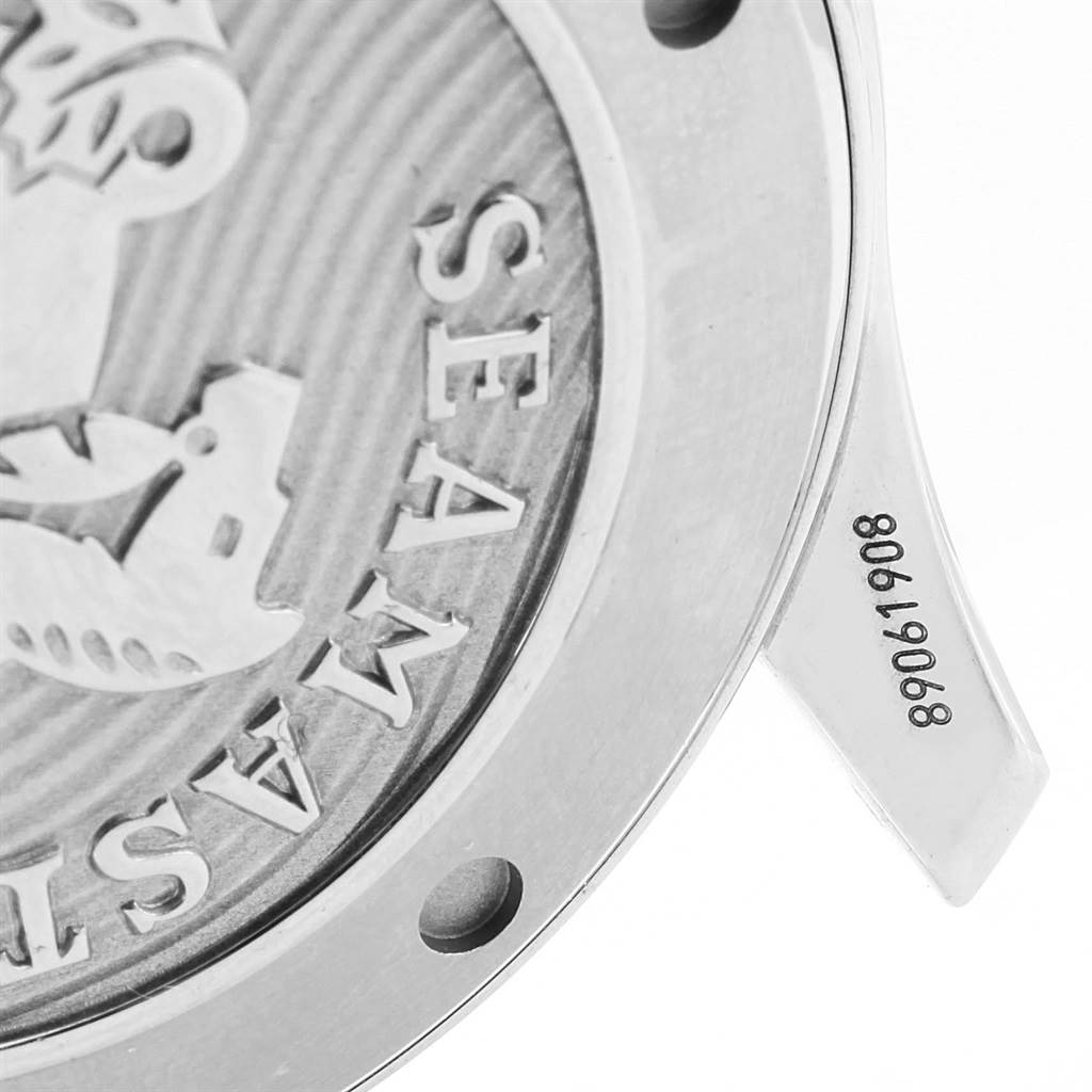 This close-up image shows the case back of an Omega Seamaster 212.30.41.20.03.001 Men
s Stainless Steel Blue Dial 212.30.41.20.03.001 Men
s Stainless Steel Blue Dial watch, highlighting the brand engraving and serial number.