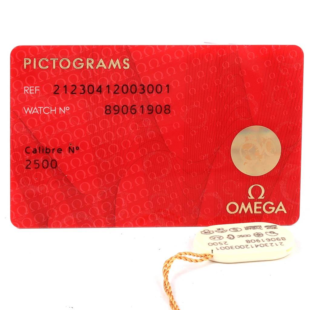 The image shows a red Omega Seamaster 212.30.41.20.03.001 Men
s Stainless Steel Blue Dial 212.30.41.20.03.001 Men
s Stainless Steel Blue Dial model pictogram card and a white tag with model details.