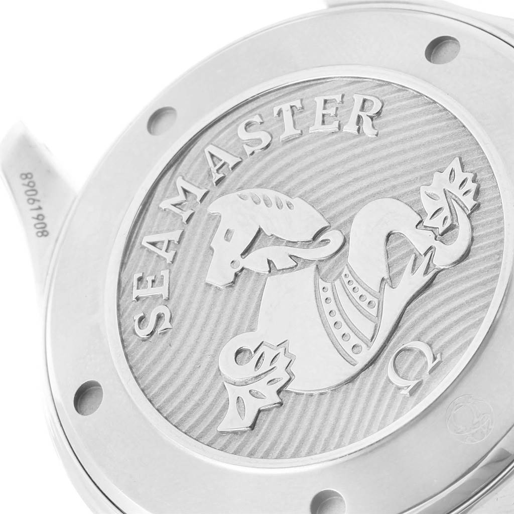 The image shows the back case of an Omega Seamaster 212.30.41.20.03.001 Men
s Stainless Steel Blue Dial 212.30.41.20.03.001 Men
s Stainless Steel Blue Dial watch, featuring the engraved Seahorse logo and text.