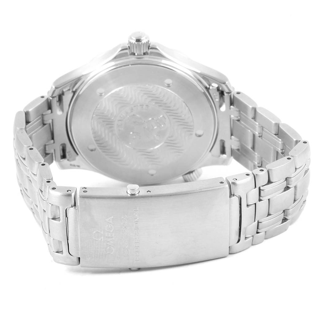 The image shows the back case, bracelet, and clasp of an Omega Seamaster 2541.80.00 Men
s Stainless Steel Blue Dial 2541.80.00 Men
s Stainless Steel Blue Dial watch from a rear angle.